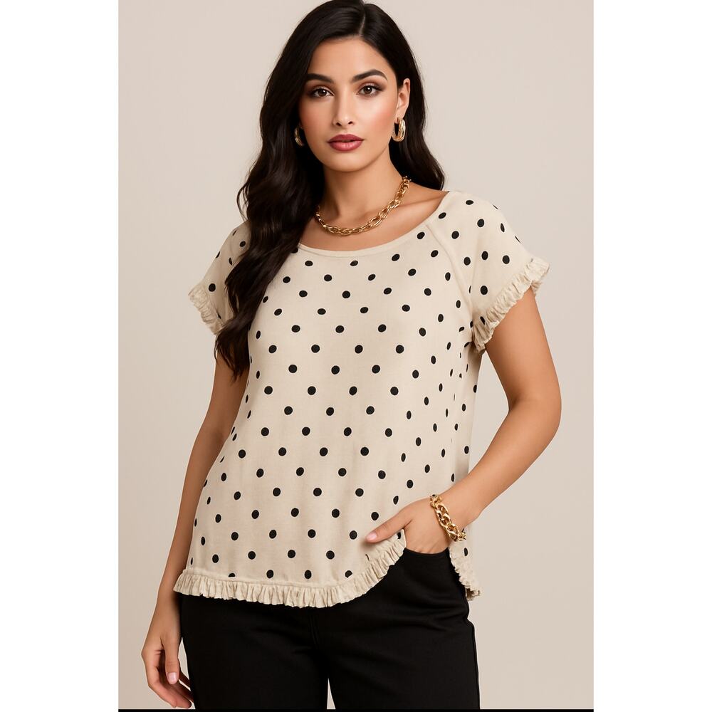 Umgee Linen Cotton Polka Dot Blouse Ruffle Hem Short Sleeve Boho Chic Top Small